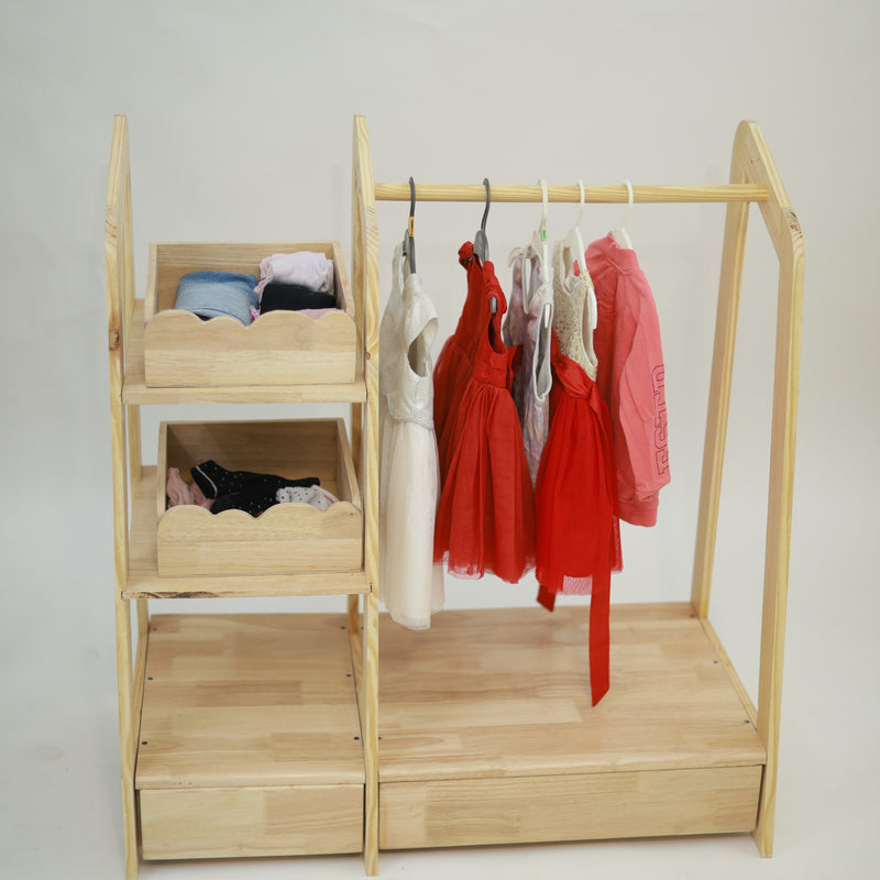 Montessori Wooden Kids Wardrobe | Child-Sized Open Closet & Dress-Up Storage | Toddler Clothing Rack Organizer