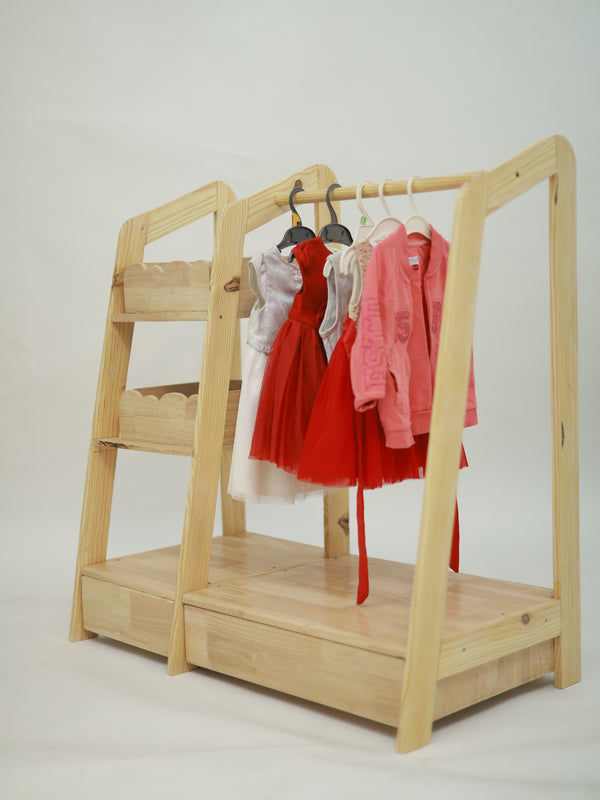 Montessori Wooden Kids Wardrobe | Child-Sized Open Closet & Dress-Up Storage | Toddler Clothing Rack Organizer