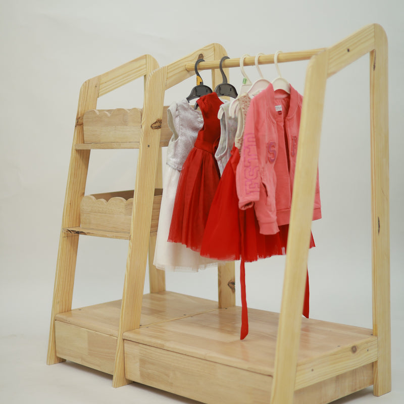 Montessori Wooden Kids Wardrobe | Child-Sized Open Closet & Dress-Up Storage | Toddler Clothing Rack Organizer