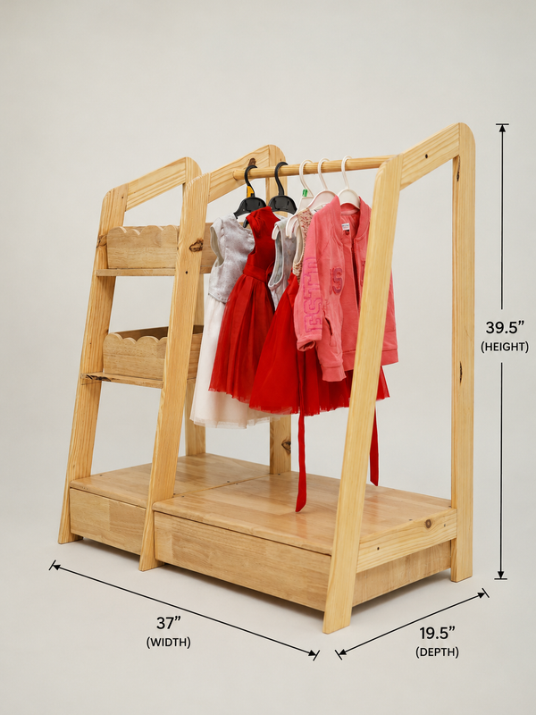 Montessori Wooden Kids Wardrobe | Child-Sized Open Closet & Dress-Up Storage | Toddler Clothing Rack Organizer