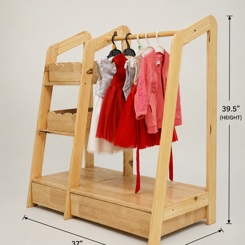 Montessori Wooden Kids Wardrobe | Child-Sized Open Closet & Dress-Up Storage | Toddler Clothing Rack Organizer