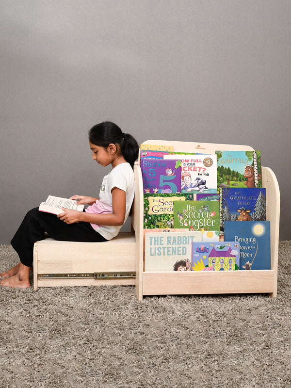 Awwlie's book shelf | Compact Wooden Bookshelf with Pull-Out Reading Bench