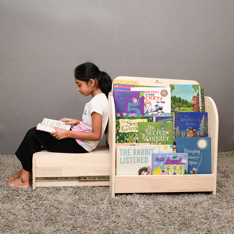 Awwlie's book shelf | Compact Wooden Bookshelf with Pull-Out Reading Bench