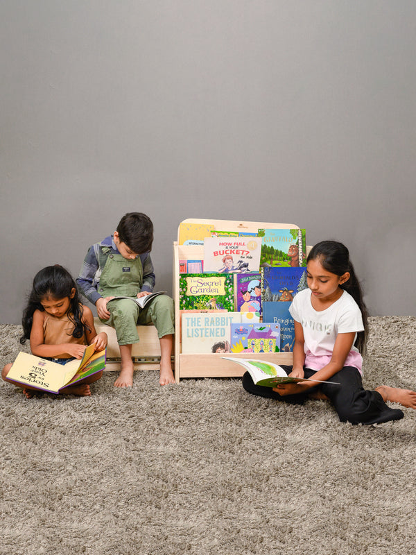 Awwlie's book shelf | Compact Wooden Bookshelf with Pull-Out Reading Bench