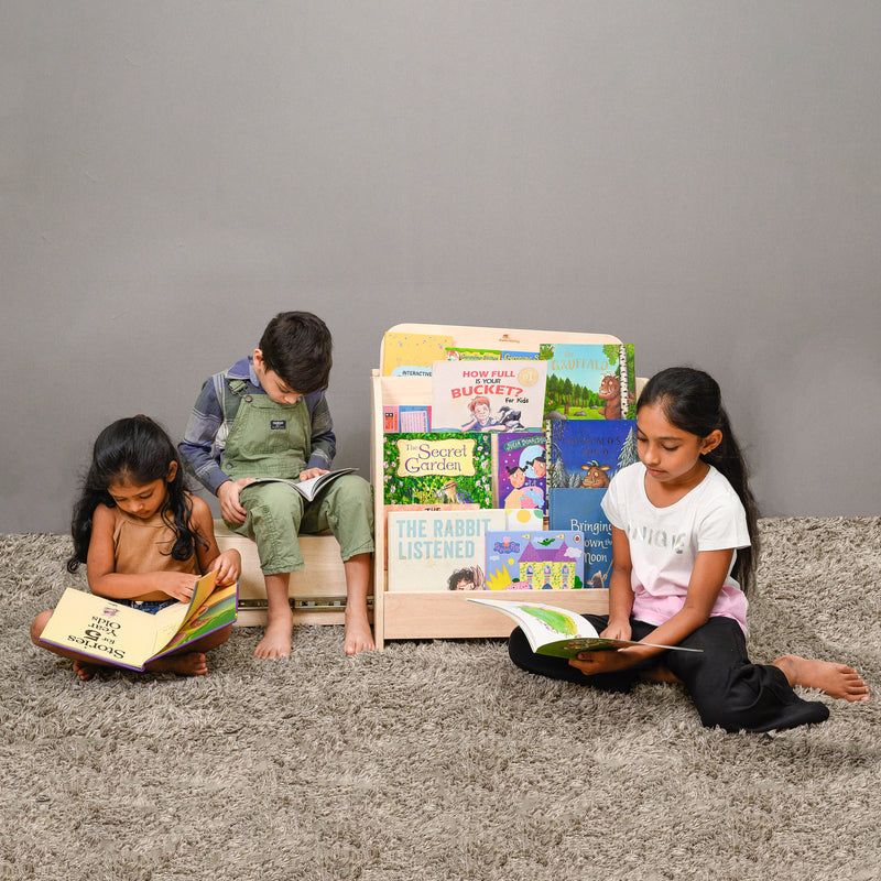 Awwlie's book shelf | Compact Wooden Bookshelf with Pull-Out Reading Bench