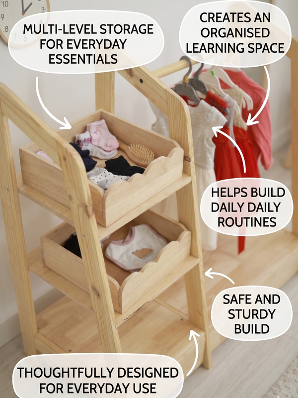 Montessori Wooden Kids Wardrobe | Child-Sized Open Closet & Dress-Up Storage | Toddler Clothing Rack Organizer