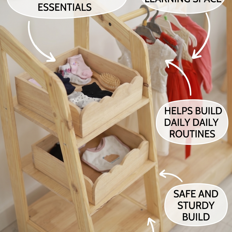 Montessori Wooden Kids Wardrobe | Child-Sized Open Closet & Dress-Up Storage | Toddler Clothing Rack Organizer
