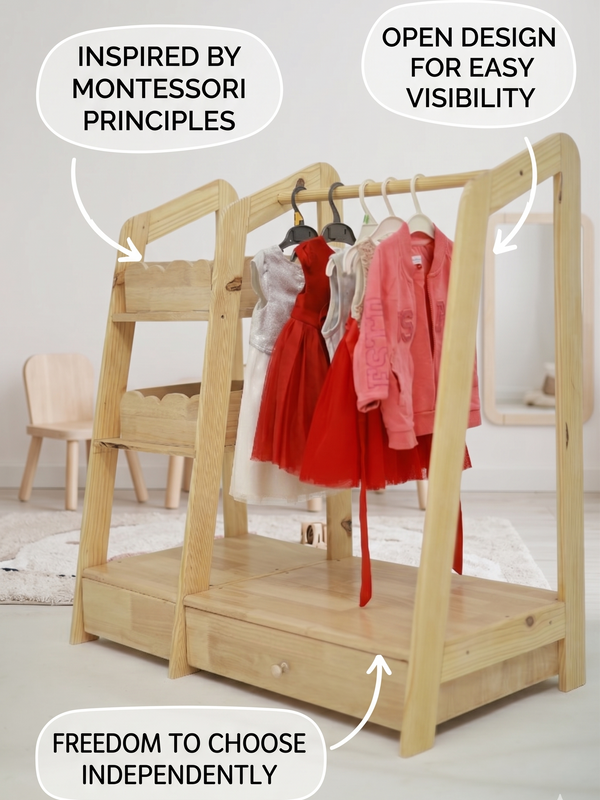 Montessori Wooden Kids Wardrobe | Child-Sized Open Closet & Dress-Up Storage | Toddler Clothing Rack Organizer