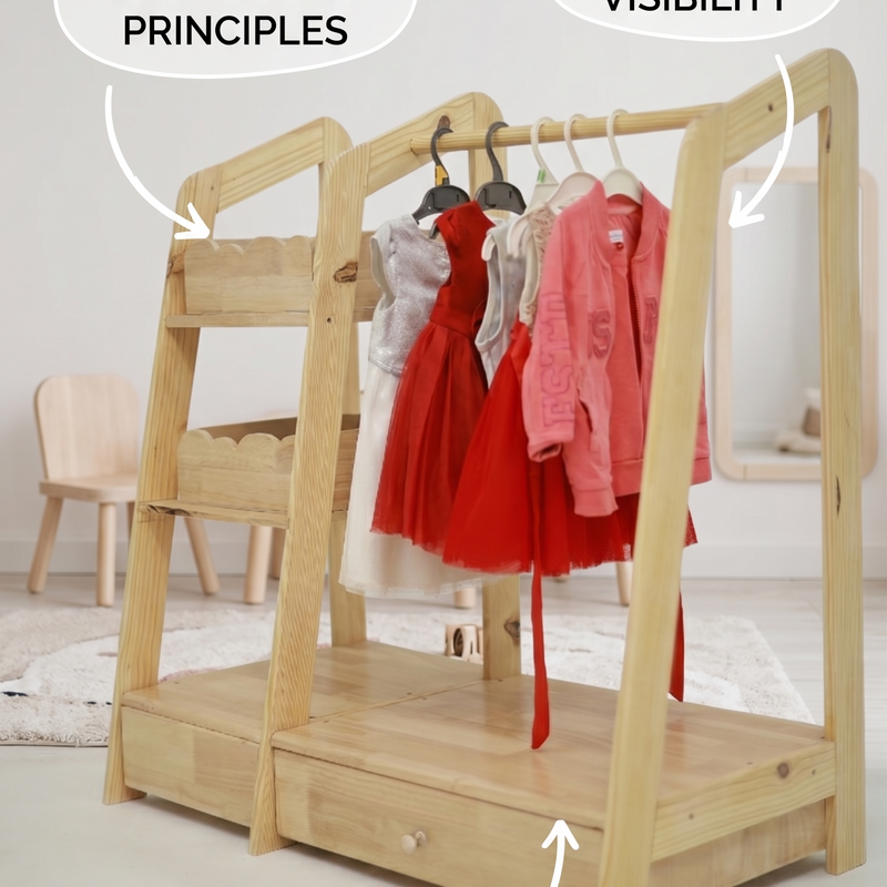 Montessori Wooden Kids Wardrobe | Child-Sized Open Closet & Dress-Up Storage | Toddler Clothing Rack Organizer