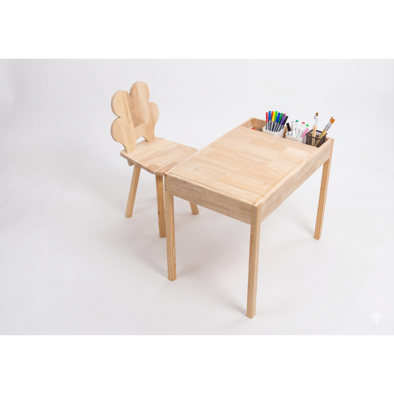 Kids Wooden Activity Table and Chair Set with Built-in Storage | Natural Wood Toddler Desk | Art & Play Station for Children