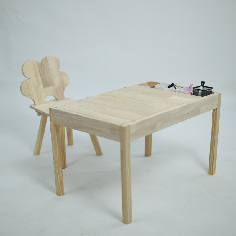 Kids Wooden Activity Table and Chair Set with Built-in Storage | Natural Wood Toddler Desk | Art & Play Station for Children