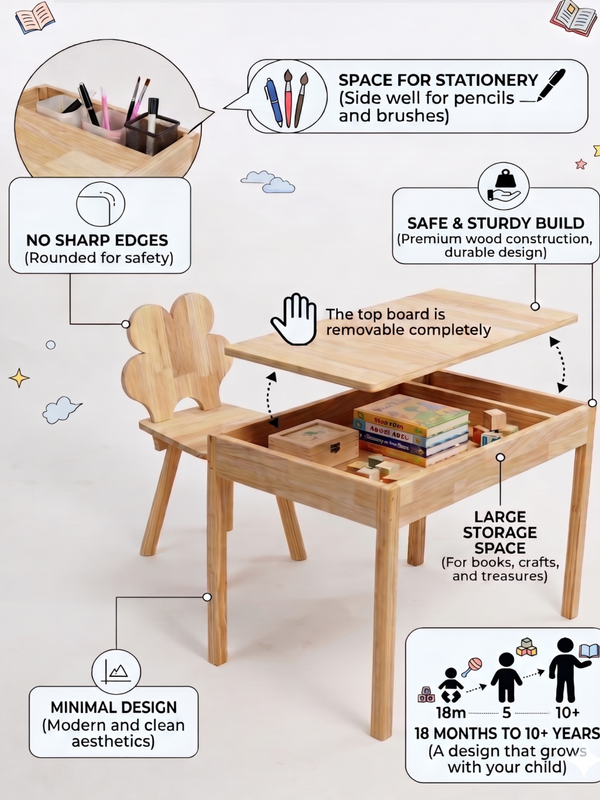Kids Wooden Activity Table and Chair Set with Built-in Storage | Natural Wood Toddler Desk | Art & Play Station for Children
