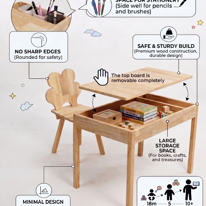 Kids Wooden Activity Table and Chair Set with Built-in Storage | Natural Wood Toddler Desk | Art & Play Station for Children